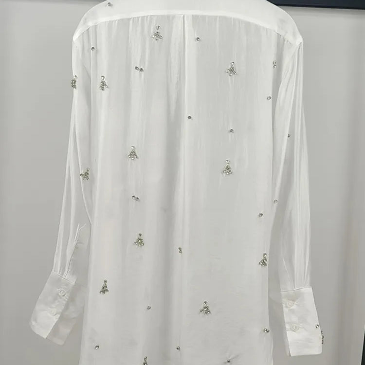 [EWQ] Rhinestone Decoration White Shirt Women Single Breasted Long Sleeve Perspective Office Lady Blusas 2023 Autumn Winter Top
