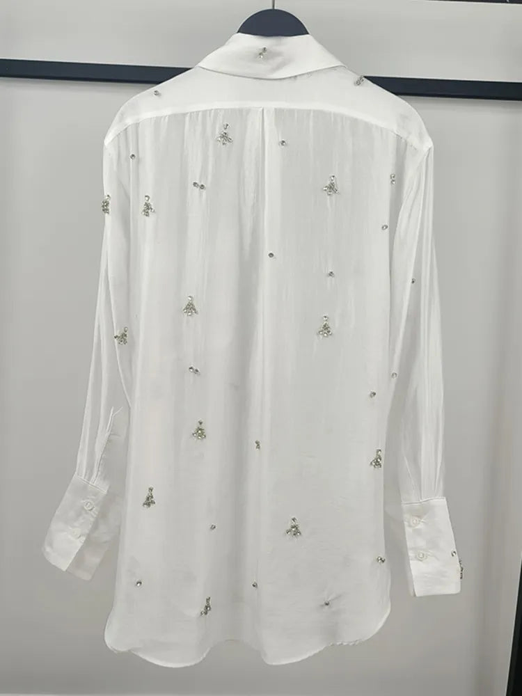 [EWQ] Rhinestone Decoration White Shirt Women Single Breasted Long Sleeve Perspective Office Lady Blusas 2023 Autumn Winter Top