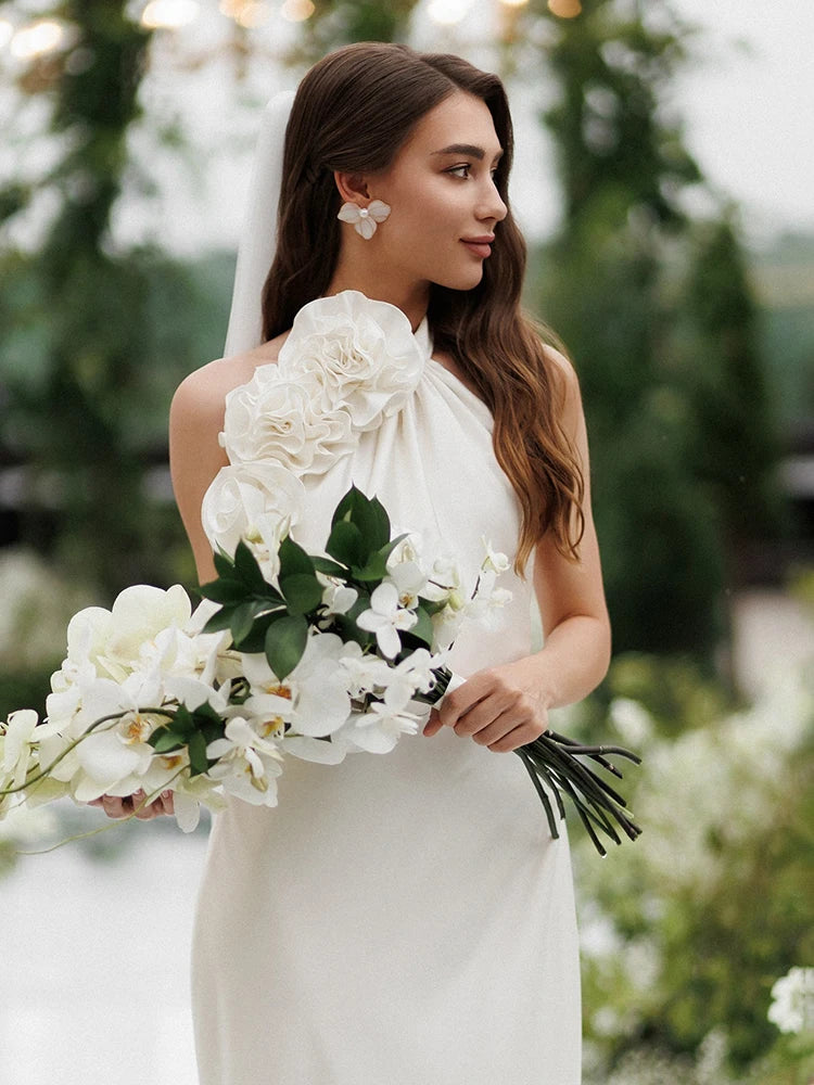 VC White Satin Halter Backless Long Dress For Women Sleeveless Flowers Embellished Slim Prom Elegant Evening Party Gowns