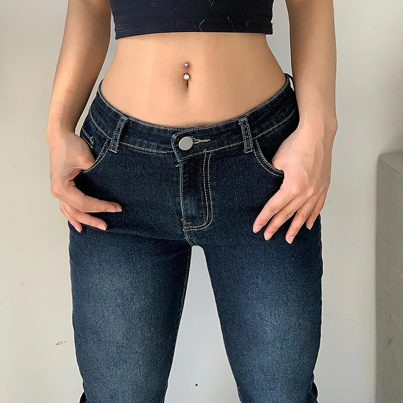 Y2K Flare Jeans Low Waist Trouser Women Vintage Cargo Pants Aesthetic Streetwear Blue Denim Pant Fashion 90s Distressed Jean