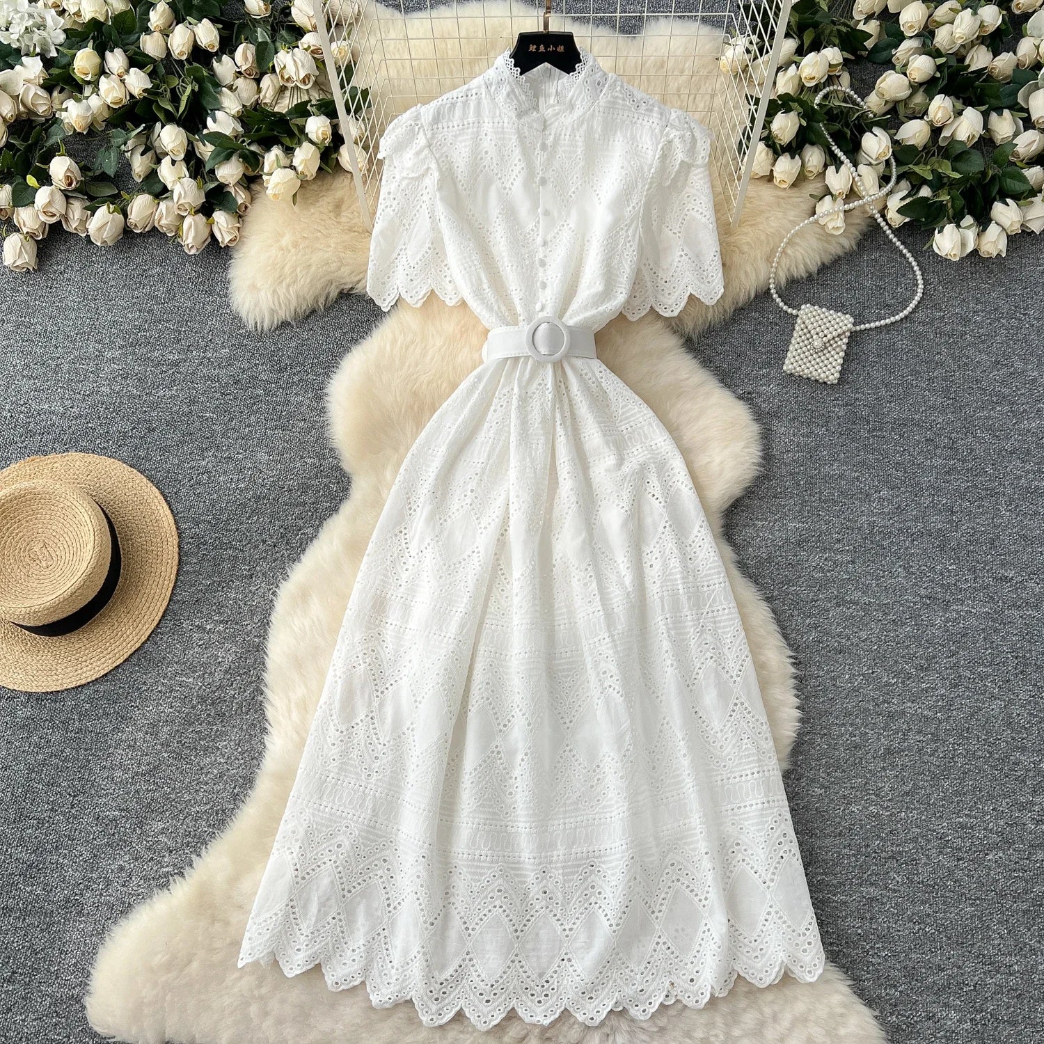 French Vintage O-neck sashes Hook flower hollow Short Sleeves Single Breasted Dress A-line Casual Women Fashion women clothing