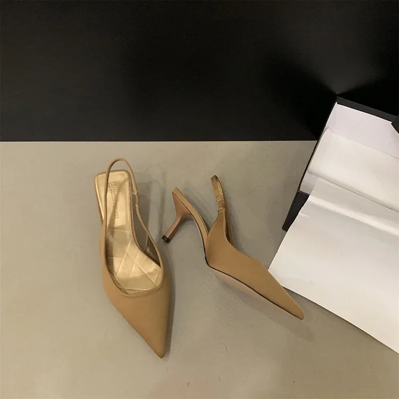 Summer Pointed Toe Women Sandals Fashion Slip On Singbacks Slides Ladies Elegant High Heel Sandalias Women's Party Dress Pumps Khaki