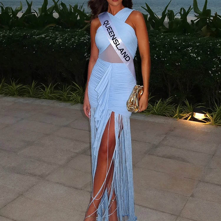 VC Sleek Light Blue Sleeveless Dress with Fringe Ruched Waist And Mesh Detail Soft Summer Vacation Gown for Women