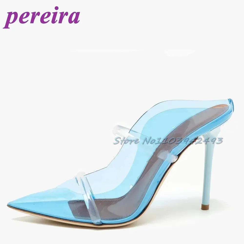 Transparent Blue PVC  Sandalias De Mujer Pointed Toe Heeld Sandals Shallow Strappy Heels Women Luxury Designer Shoes 2025 Mules