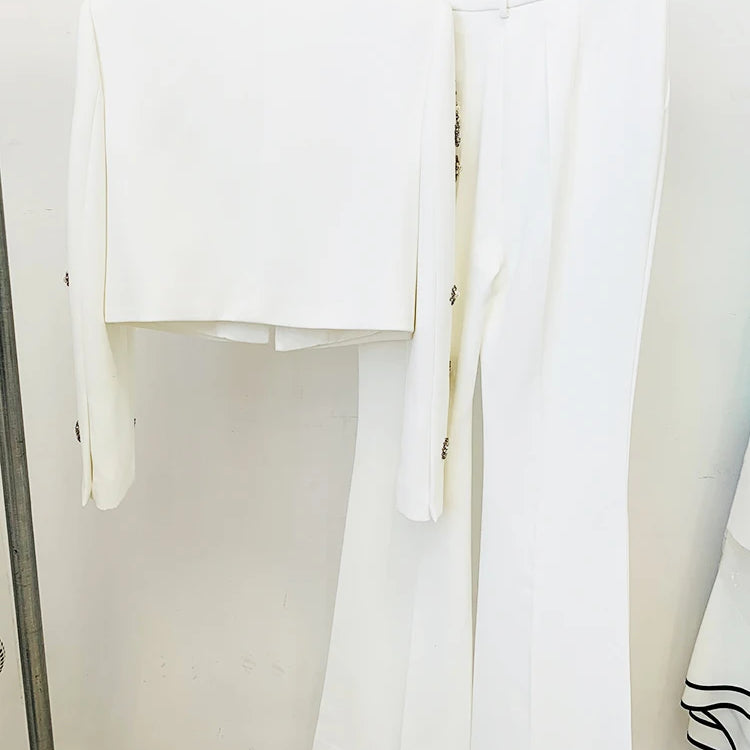 HIGH STREET est Fashion 2024 Designer Suit Set Women's Pearls Diamonds Rhinestone Beaded Trimed Jacket Flare Slit Pants Suit