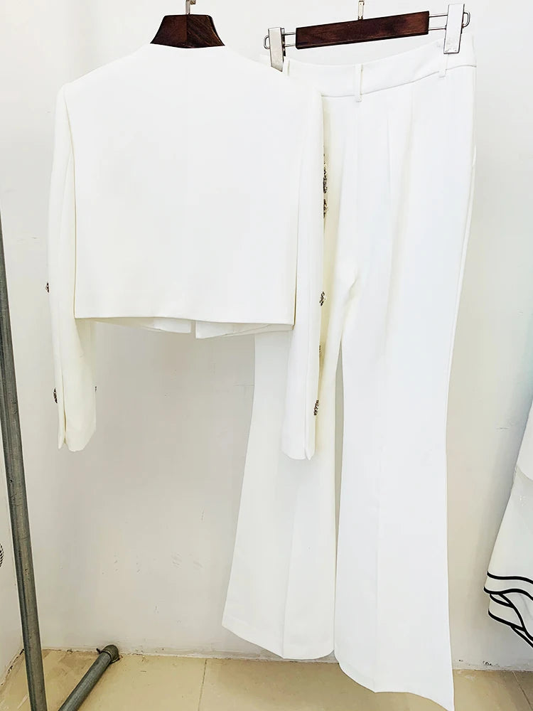 HIGH STREET est Fashion 2024 Designer Suit Set Women's Pearls Diamonds Rhinestone Beaded Trimed Jacket Flare Slit Pants Suit