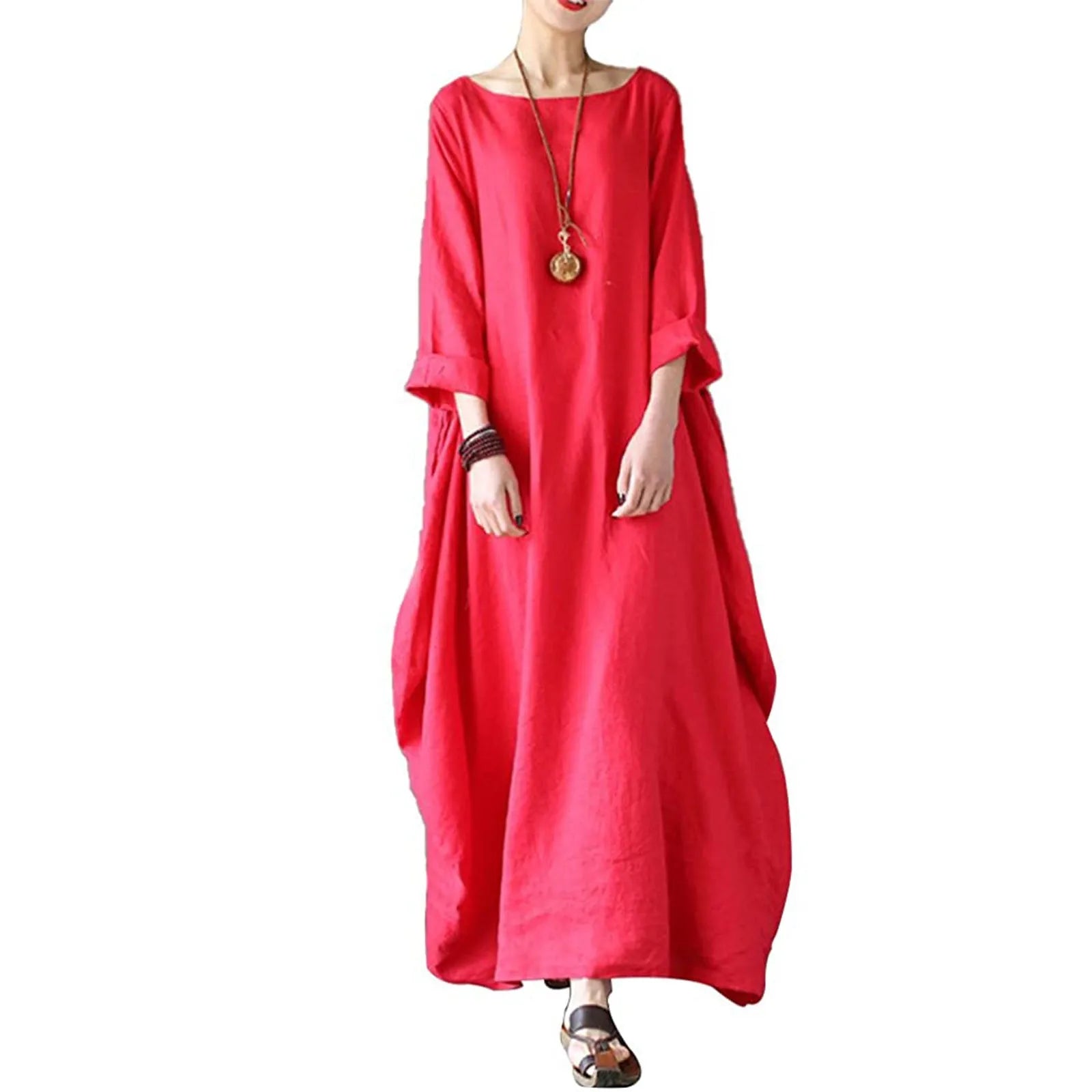 Women Plus Size Boho Dress Ladies Summer Beach Long Dresses Maxi Oversized Ladies Dress Red