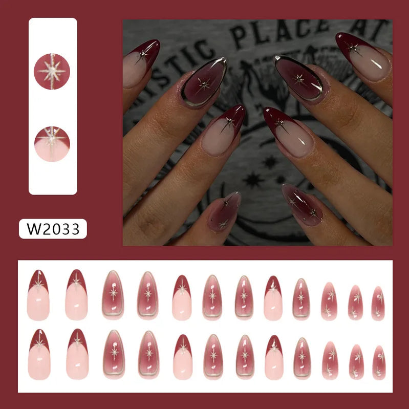 24pcs Ins Almond Press on Nails Gothic Sliver Metal Line y2k Fake Nails Detachable Wearable Sweet Cool Spicy Girl False Nails