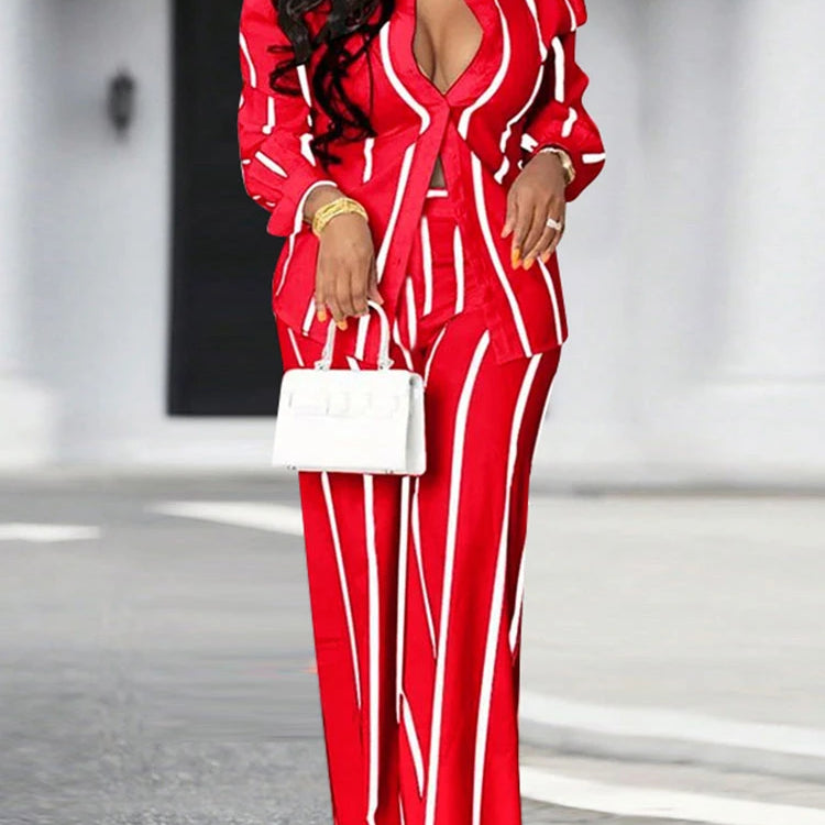 Plus Size 5XL VONDA 2025 Women Pants Sets Matching Sets Vintage Striped Shirt Trouser Casual Two-Piece Sets Office Lady Suits
