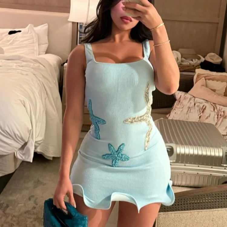 Chic Blue Sparkling Star Printed Ruffle Mini Dresses Lady Elegant Sleeveless Backless Pleated Knit Prom Dresses Beach Vestidos