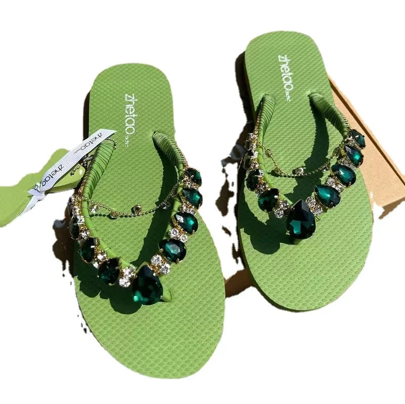 Comfortable and Fashionable All-match Beach Shoes Non-slip Soft Bottom Casual Flip-flops Rhinestone Chain Flat Slippers
