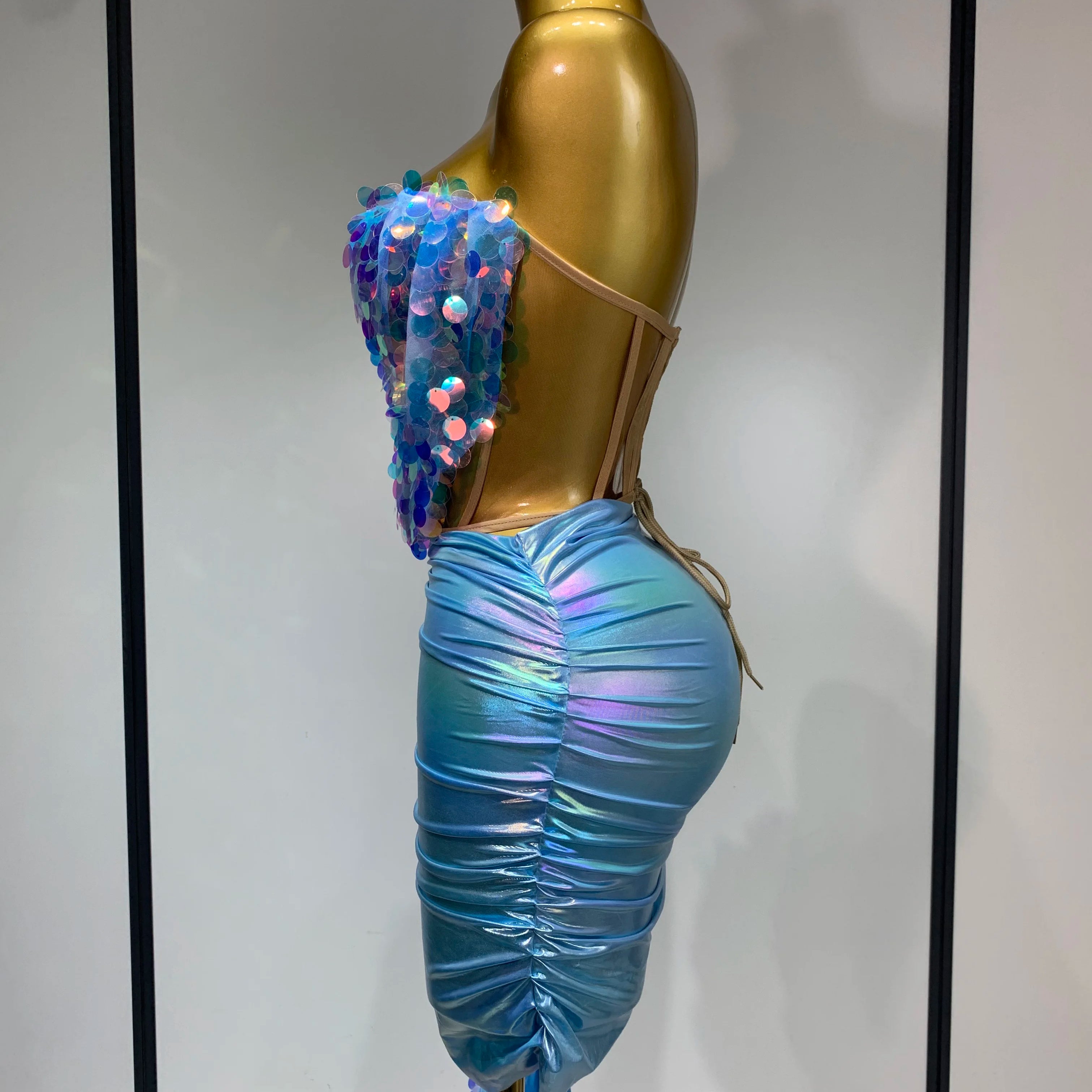 Women Sexy Singer Dancer Performan Costume Nightclub Bar Girl Sparkly Sequins Two Piece Set Evening Party Luxury Birthday Outfit