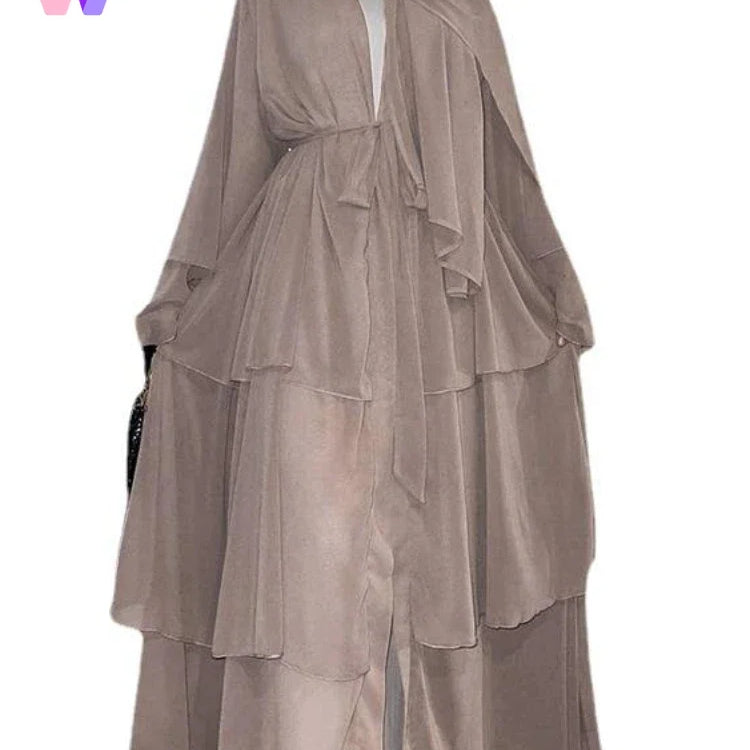 New In Women Abaya NO SCRARF(Encrypted Chiffon)Elegant Muslim Stitching Three Layer Abaya Ruffle Sleeves Cardigan Marocain Dress