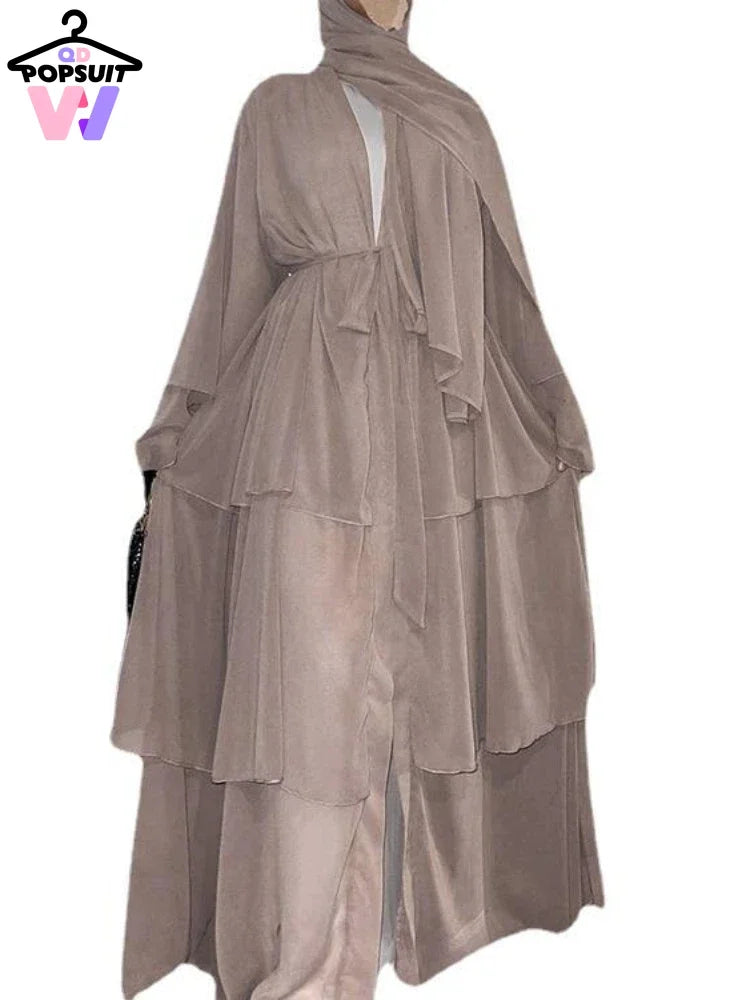 New In Women Abaya NO SCRARF(Encrypted Chiffon)Elegant Muslim Stitching Three Layer Abaya Ruffle Sleeves Cardigan Marocain Dress