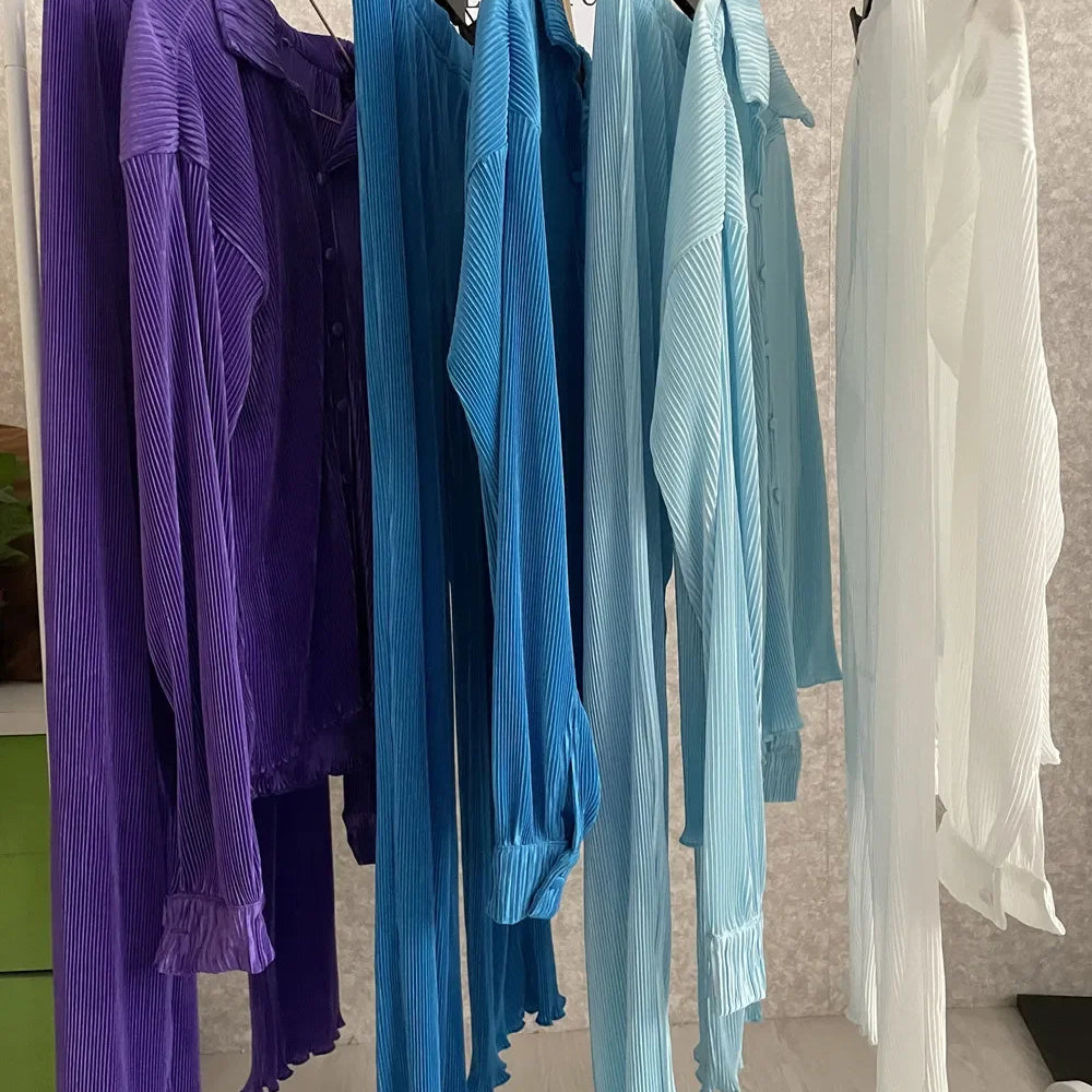 CM.YAYA Pleated Solid Women Set Long Sleeve Shirts and Straight Wide Leg Pants Suits Tracksuit Two Piece Set Fitness Outfits