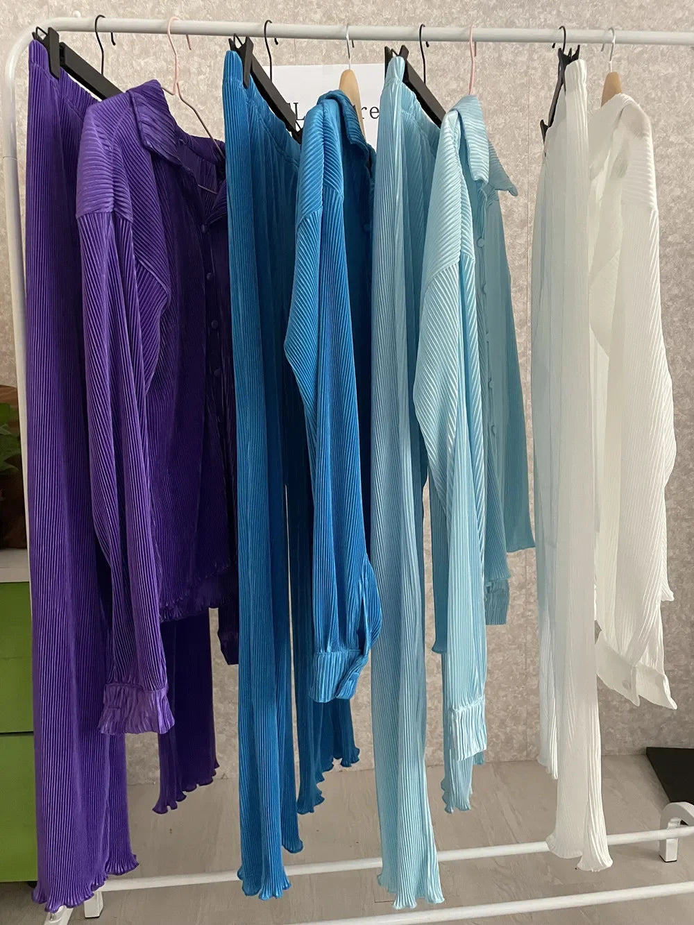 CM.YAYA Pleated Solid Women Set Long Sleeve Shirts and Straight Wide Leg Pants Suits Tracksuit Two Piece Set Fitness Outfits