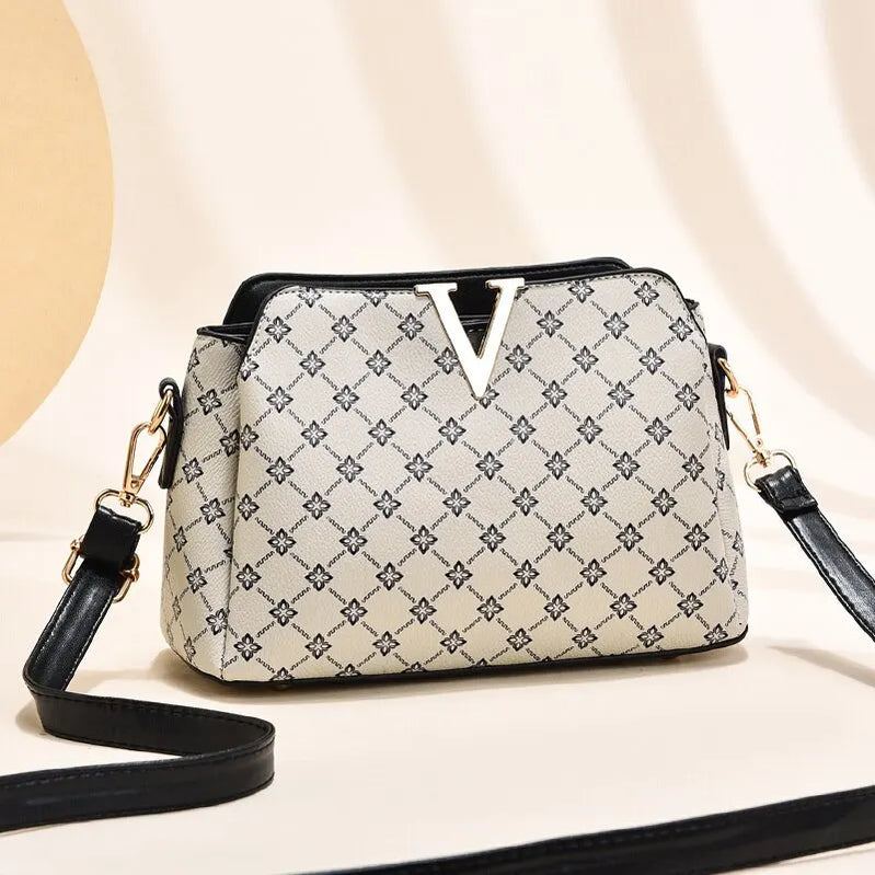 Women Vintage Print Crossbody Bag V Letter Classic Shoulder Bag Female Elegant Geometric Pattern Casual Bag Work Gift Print Black