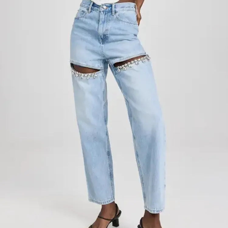 BPN Casual Spliced Diamond Jeans For Women High Waist Hollow Out Solid Loose Wide Leg Denim Pants Female spring Clothing Style