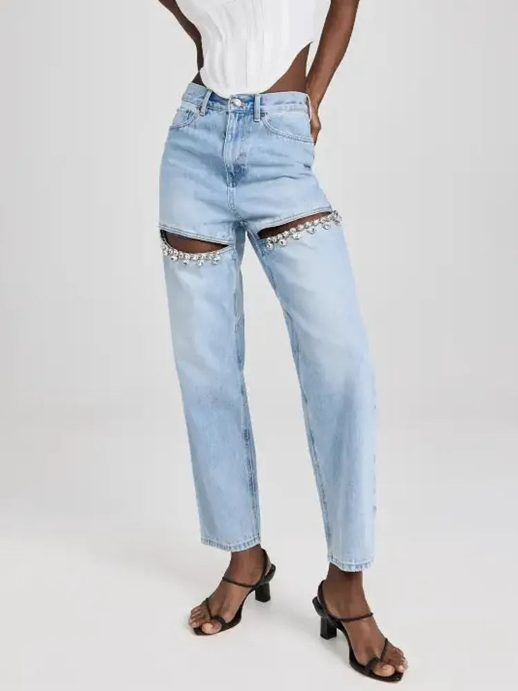BPN Casual Spliced Diamond Jeans For Women High Waist Hollow Out Solid Loose Wide Leg Denim Pants Female spring Clothing Style