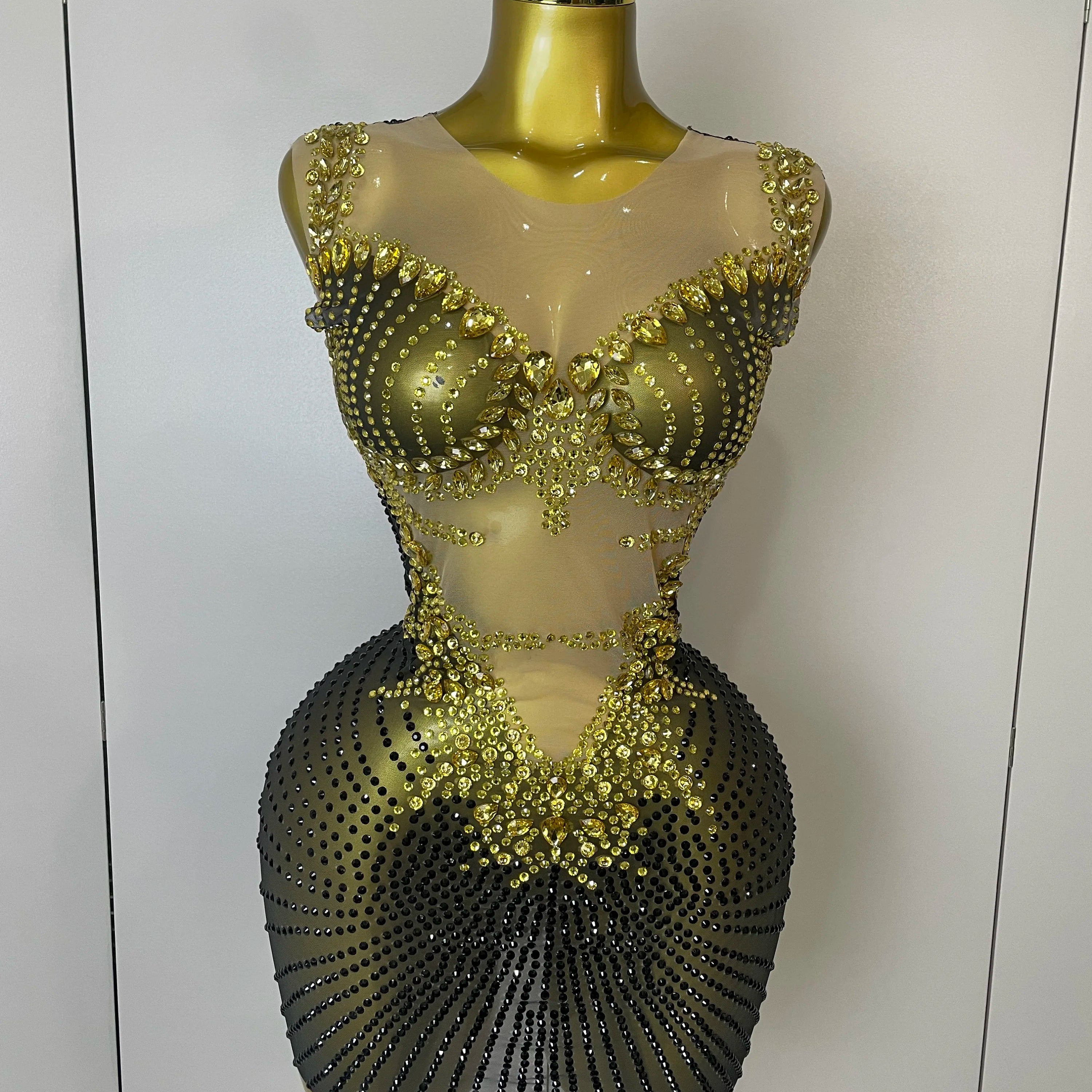 2025 Sparkly Gold Rhinestone Transparent Sleeveless Mini Dress Evening Birthday Celebrate Party Nightclub Performance Costume