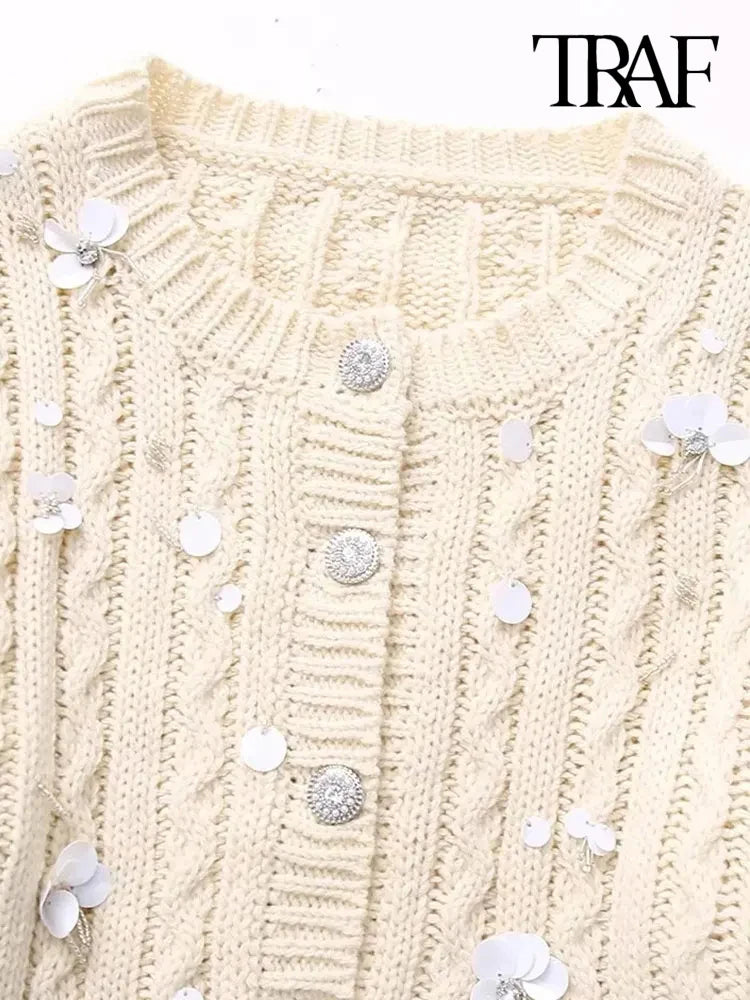 Women Fashion With Beading Cropped Knit Cardigan Sweater Vintage Long Sleeve Front Button Female Outerwear Chic Tops