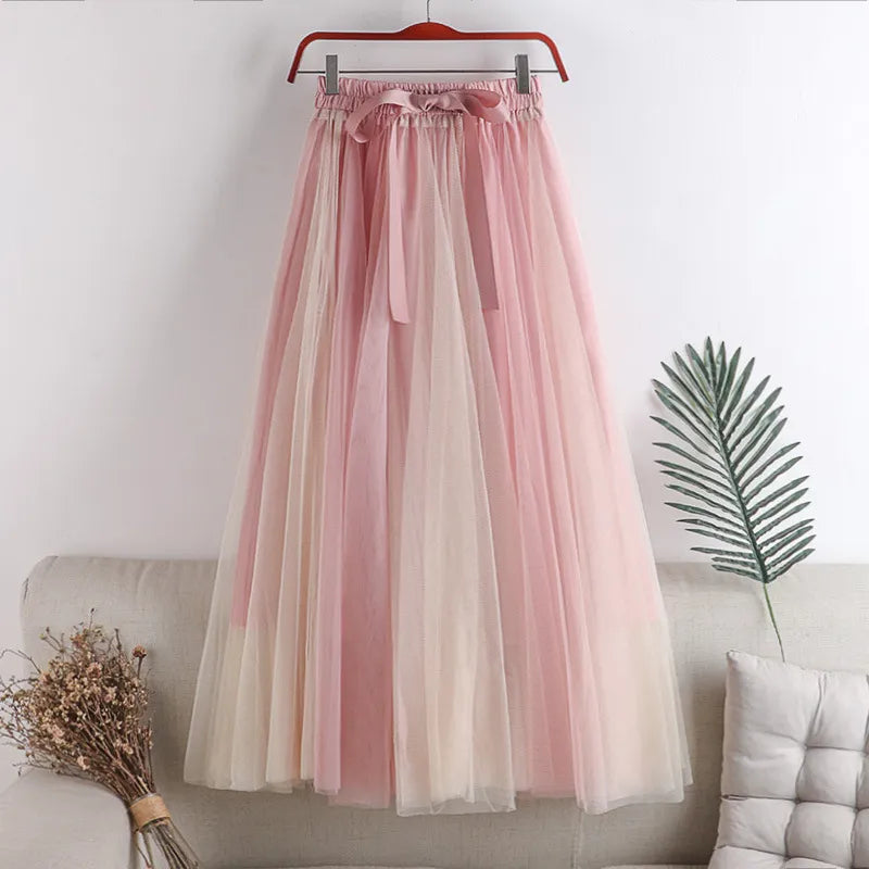 Spring Summer Gradient Color Tulle Skirts Women Fashion Bow Patchwork A-line Skirt Female Long Sweet Party Skirts Pink One Size