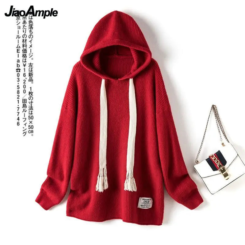 Women's Autumn Winter New Loose Knitted Hoodie Shark Pants Two Piece Korean Elegant Pullover Matching Set Female Clothing Suit