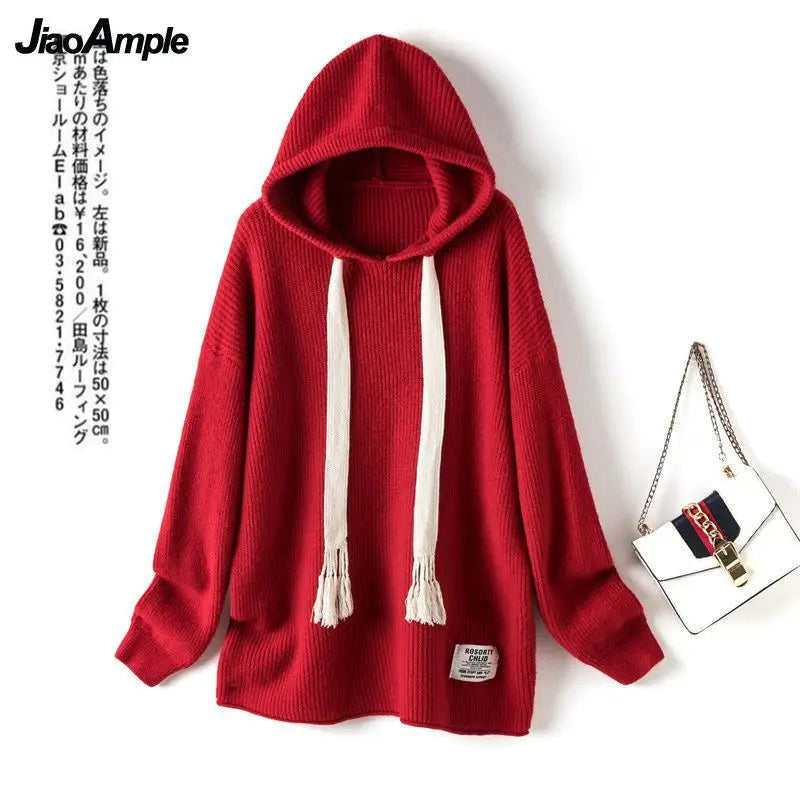 Women's Autumn Winter New Loose Knitted Hoodie Shark Pants Two Piece Korean Elegant Pullover Matching Set Female Clothing Suit