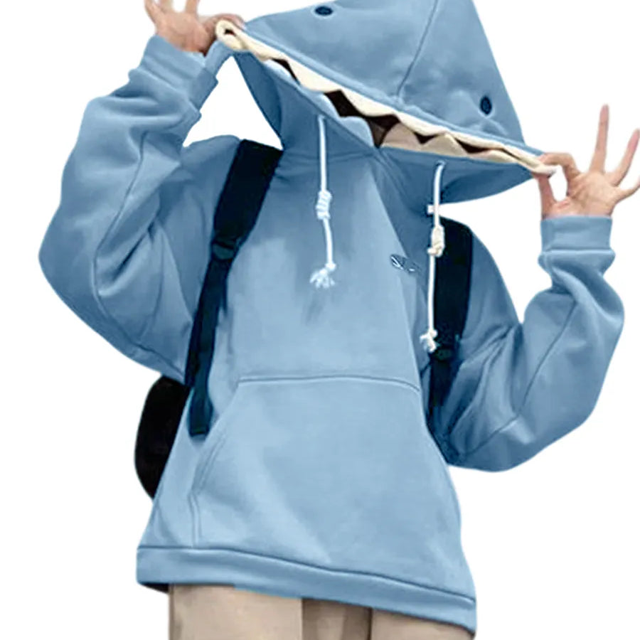 Women Cute Shark Hoodie Long Sleeve Blue Kawaii Animal Shark Shape Hooded Pullover Oversized Aesthetic Sweatshirts for Teen Blue