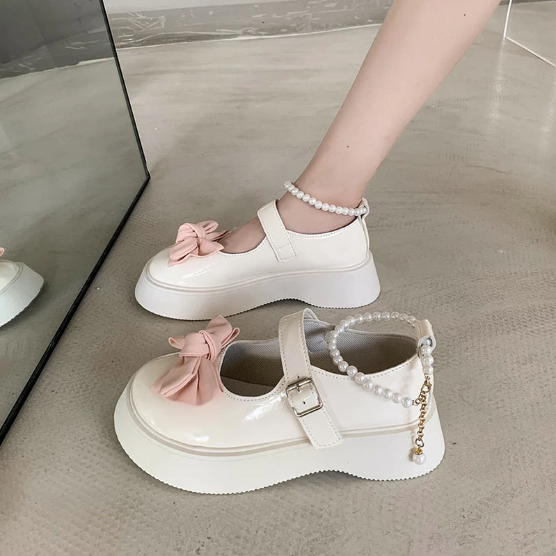 Autumn Girl Elegant Single Shoes Ribbon Bow Sweet Children Princess Shoes Fairy Kids Leather Shoe School Black Mary Janes