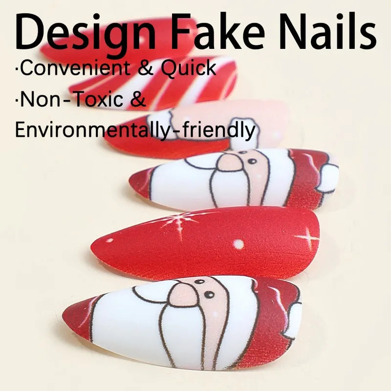 24Pcs Christmas Press-On Nails Collection Almond-Shaped Red French with Santa Claus Design Fake Nails Perfect for Gift To Women