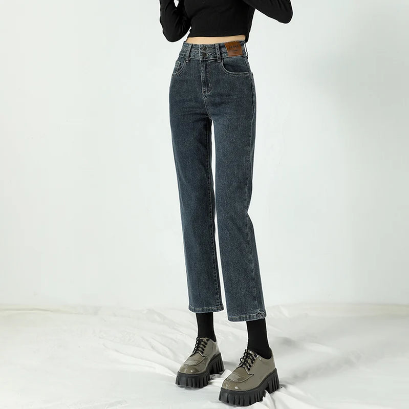 Ladies Denim Jeans High Waist Strecth Slim Straight Brand Double Button Sexy Denim Ninth Pants