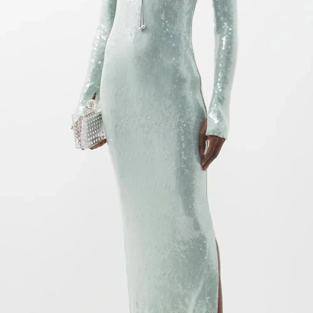 STOCK New Autumn High Quality Sparkling Sequins Sexy V-Neck Hollow Out Aklen Length Dress Fashion Woman Evening Party Outfit