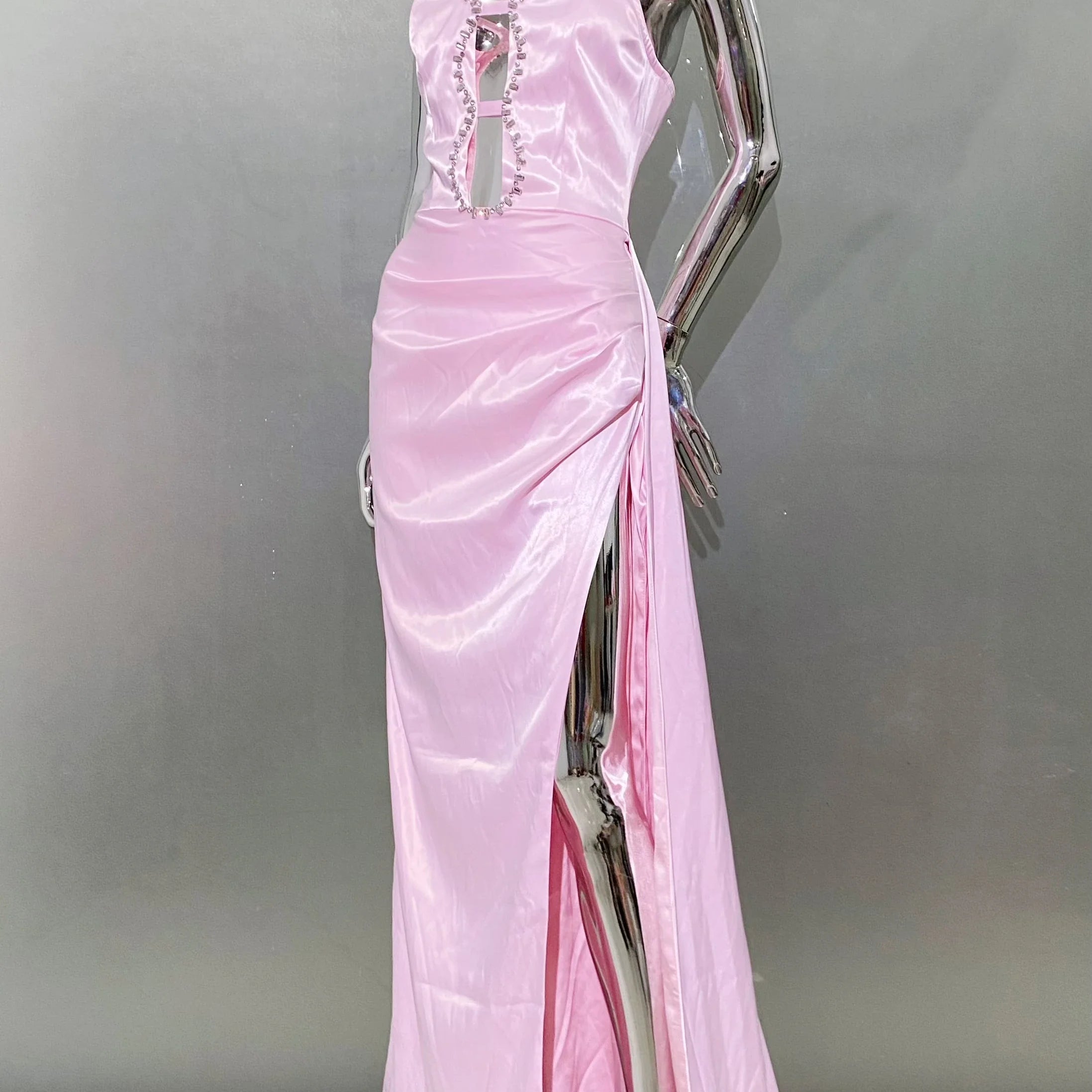 Pink Color Women Sexy Strapless Shinning Crystal Satin Bodycon High Split Dress Sweet Birthday Party Valentine's Day Dress