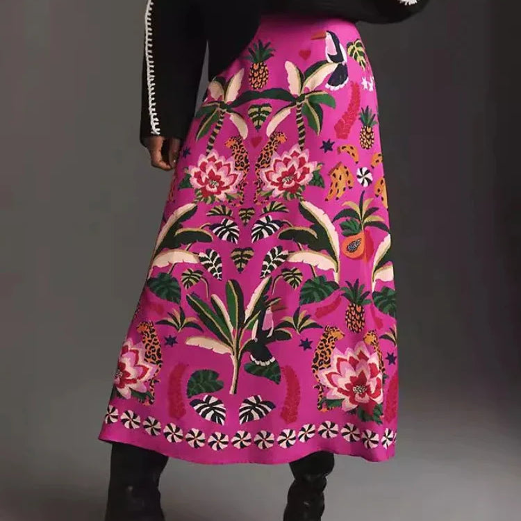 Spring/Summer New Street Tropical Plant Print Retro Half Skirt Women's Elegant Lower Half Colored Printed Half Skirt