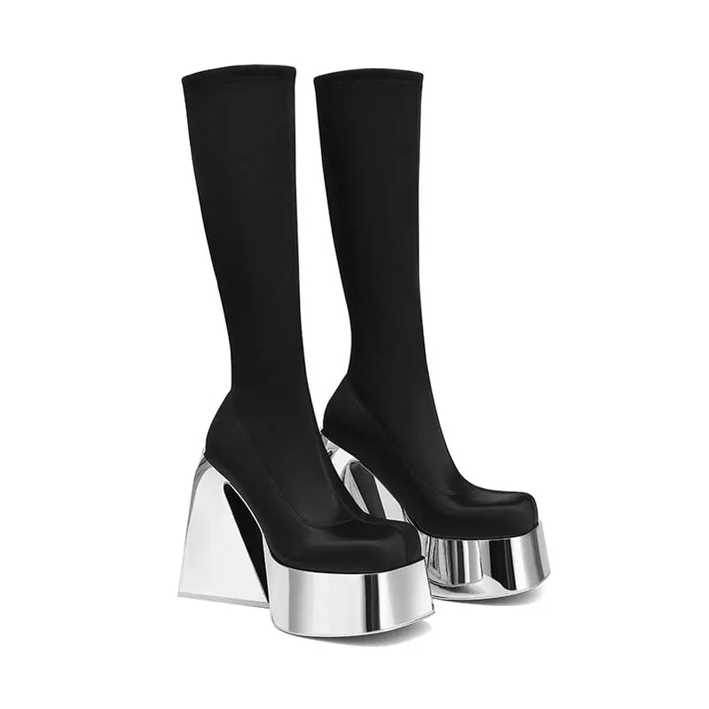 Thick Soled High Tube Thick High Heel Thin Leg Elastic Boots Square Head Punk Style Knee High Women's Boots Fashion Boots
