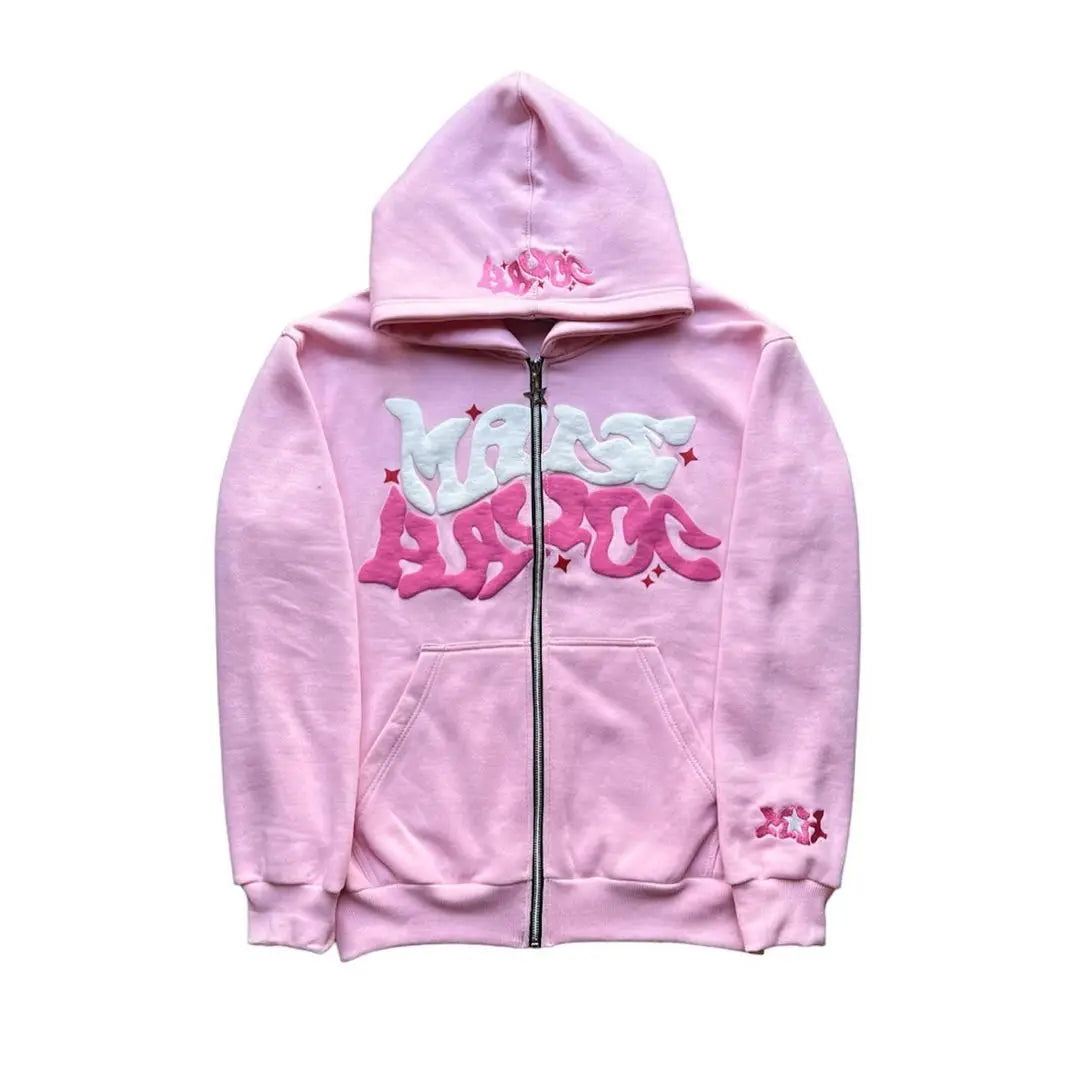 New Halloween Street Plus Loose Pink Printed Zipper Hoodie Hip Hop Fashion Friends Party Dress Y2K Clothes