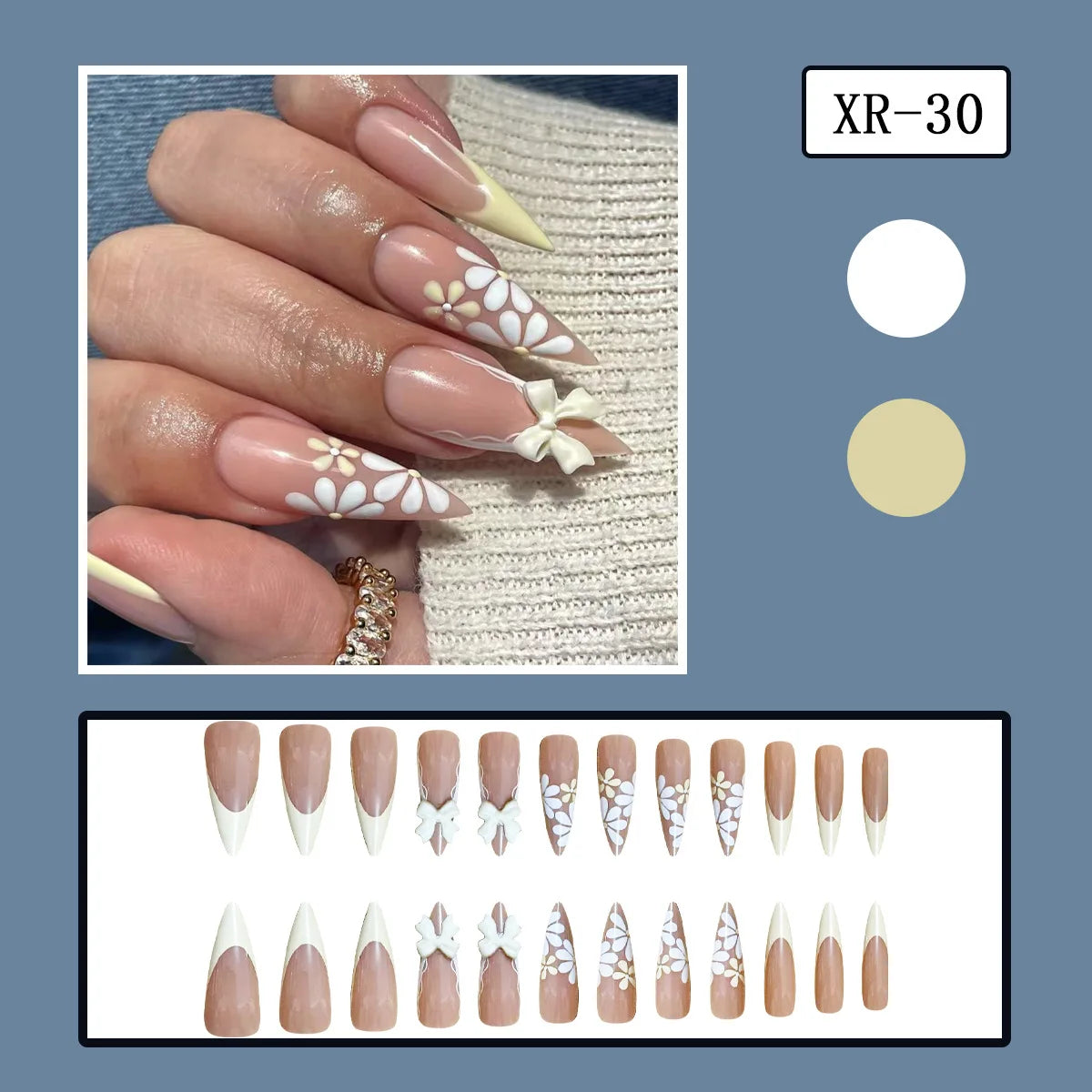 24pcs 3D Carved Petal Decor False Nails Gradient Blue Almond Fake Nails Tips Wearable Detachable Spice Girl Press on Nails