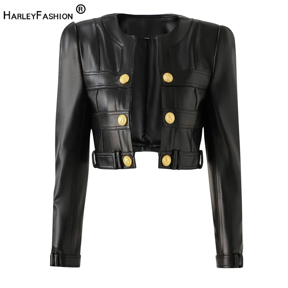 Fall Spring MotorBike Style Handsome Women Short Plaid Open PU Leather Outdoor Fashion Jacket black