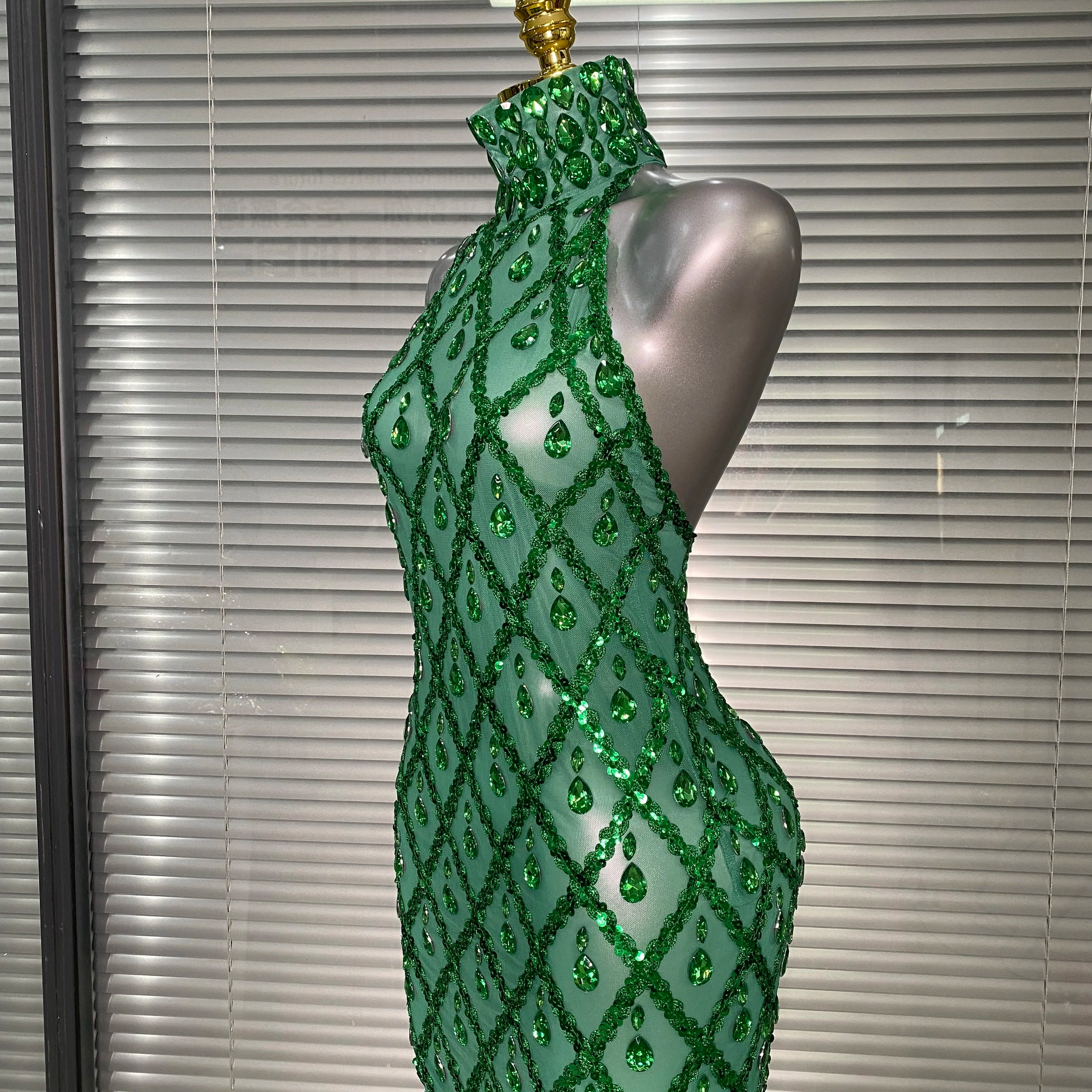 New Women Sexy Mesh Green Crystal Diamonds Maxi Dress See Through Brown Party Costume Stage Performance Dress