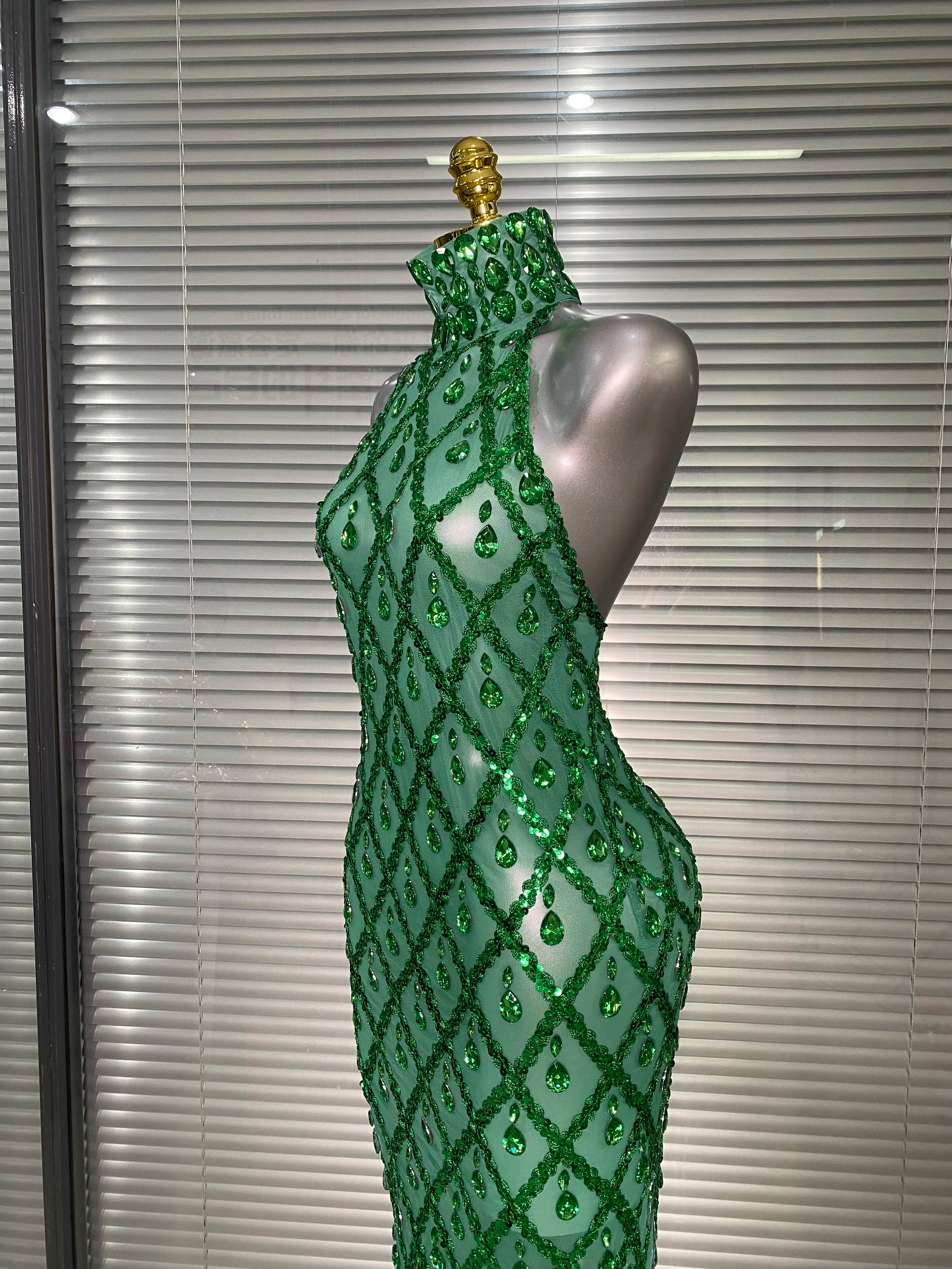 New Women Sexy Mesh Green Crystal Diamonds Maxi Dress See Through Brown Party Costume Stage Performance Dress