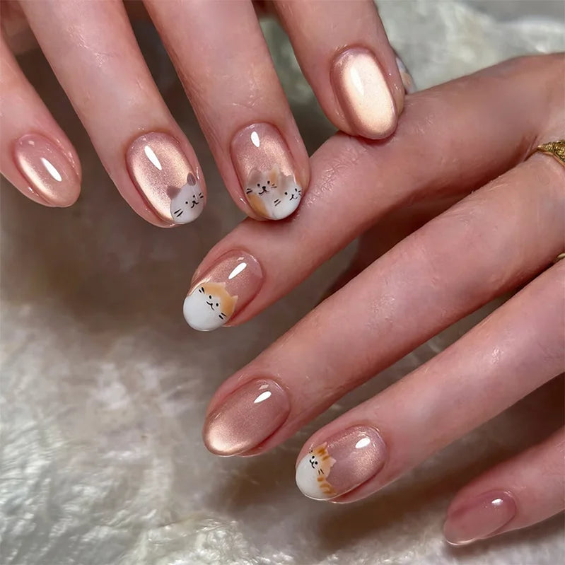 30pcs Cat Eye Cartoon Press on Nails Design False Nail for Women&Girl Short Oval Full Coverage Nail Tips Removable Wearable Nail