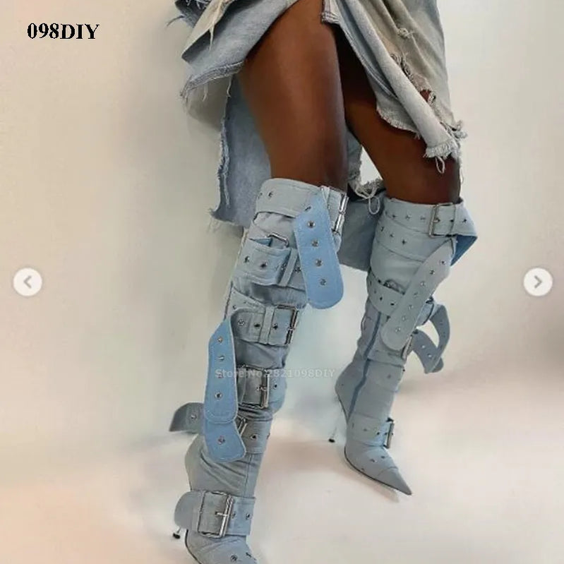 Denim Thigh High Boots Women Sexy Super Pointy Toe Punk Metal Buckle High Heels Shoes Ladies Puttee Blue Biker Boots De Mujer
