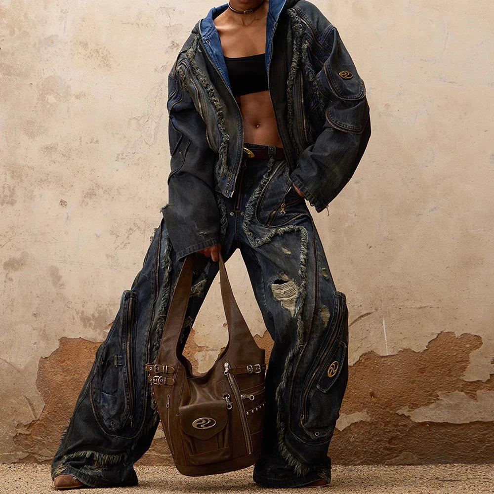 TWOTWINSTYLE Colorblock Fashion Spliced Zipper Chic Loose Pants for Women Patchwork Hollow Out Pant Female High Street Style New