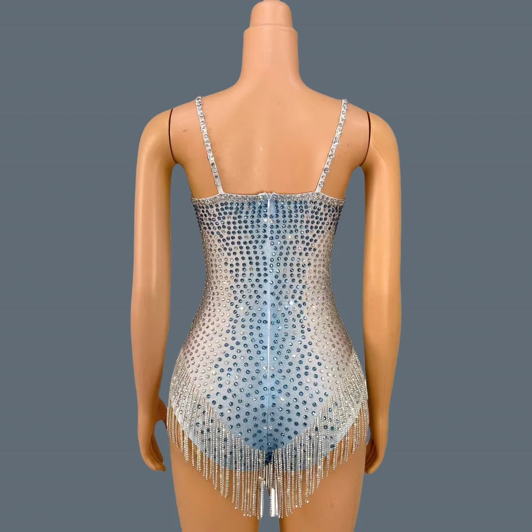 Sparkly Rhinestone Sleeveless Deep V Spandex Bodysuit Nightclub Showgirl Dance Show Crystals Tassel Skinny Bodysuit Bingqilin