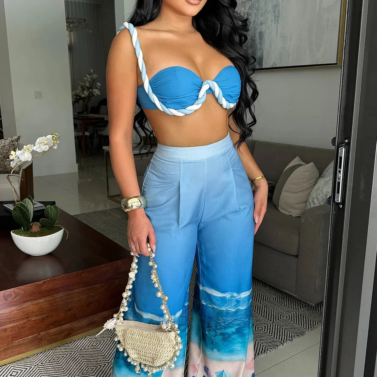 CM.YAYA Summer Women's Set Beach Print Sleeveless Strapless Tops +Wide Leg Pants Suits Street Two 2 Piece Sets Bohemian Outfits