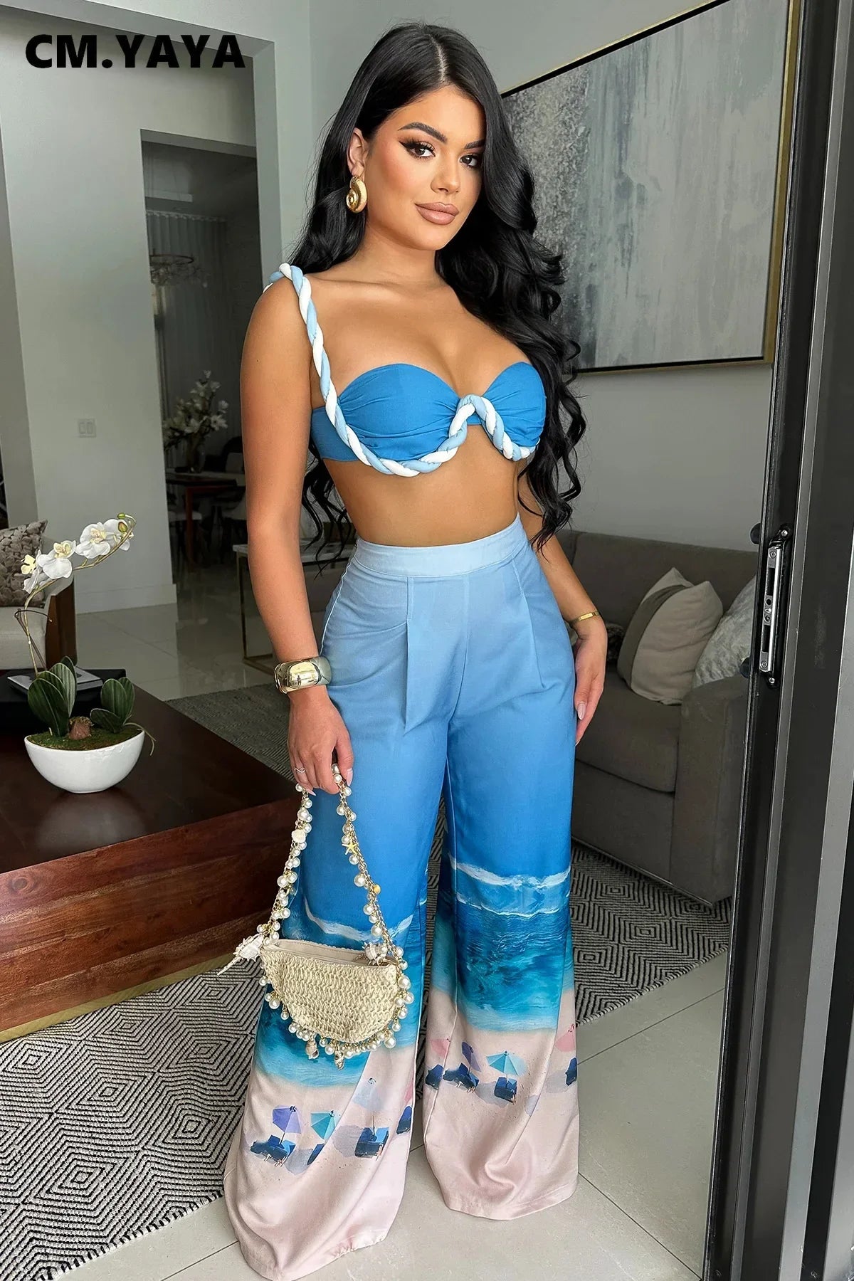 CM.YAYA Summer Women's Set Beach Print Sleeveless Strapless Tops +Wide Leg Pants Suits Street Two 2 Piece Sets Bohemian Outfits