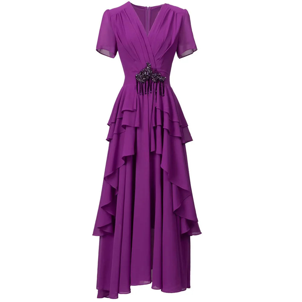 TWOTWINSTYLE Solid Slimming Spliced Bead Dresses for Women V Neck Short Sleeves Patchwork Ruffles Folds Dress Female Clothes New