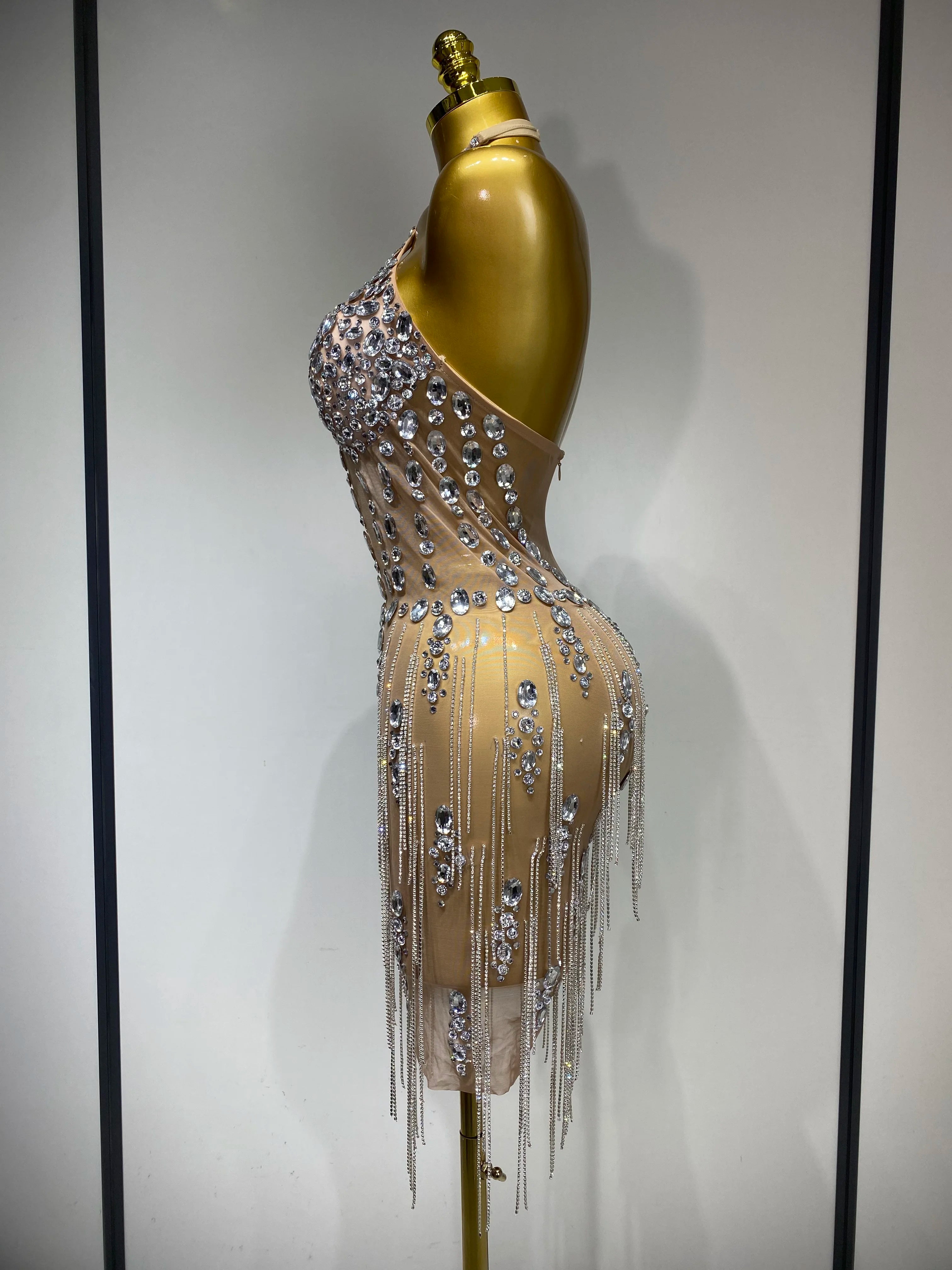 Luxury Rhinestone Evening Party Dress Women Sexy Halter See Through Mesh Luxury Birthday Gowns Nightclub Singer Stage Outfit