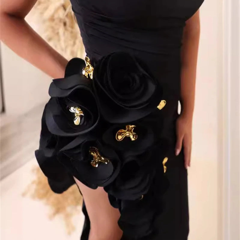 Stereoscopic Flowers Buttons Sexy High slit Ankle Sleeveless Lenght Bandage Dress Woman Evening Party Dress Party Vestido